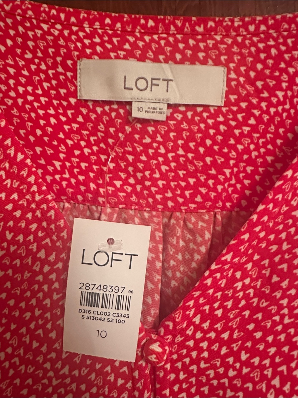 NWT LOFT Women’s Sz 10 Red and White Heart Print Button-Front Fit & Flare Dress - Picture 5 of 14